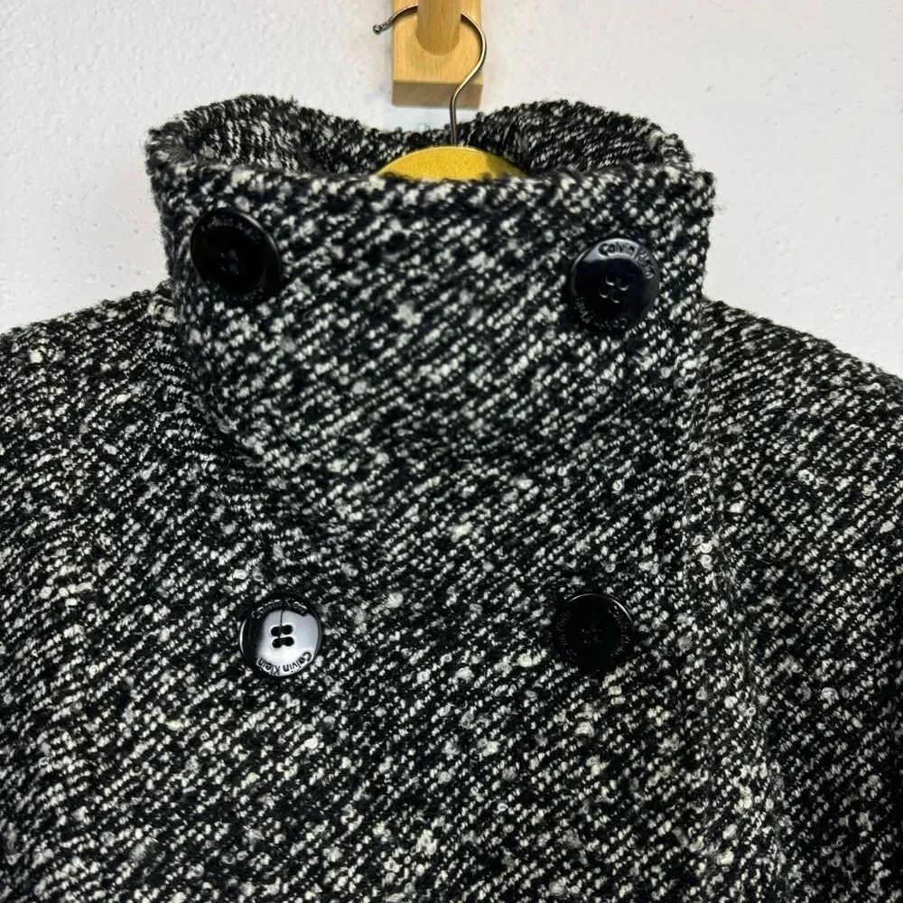 Calvin Klein Wool Blend Pea Coat Jacket Small White Black Doble Breasted Tweed - Picture 6 of 10